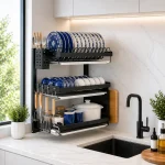 WALL MOUNT HEAVY DISH RACK, 3 LAYER KITCHEN DISH RACK WITH SPOON, KNIFE AND CUTTING BOARD HOLDER - Image 7