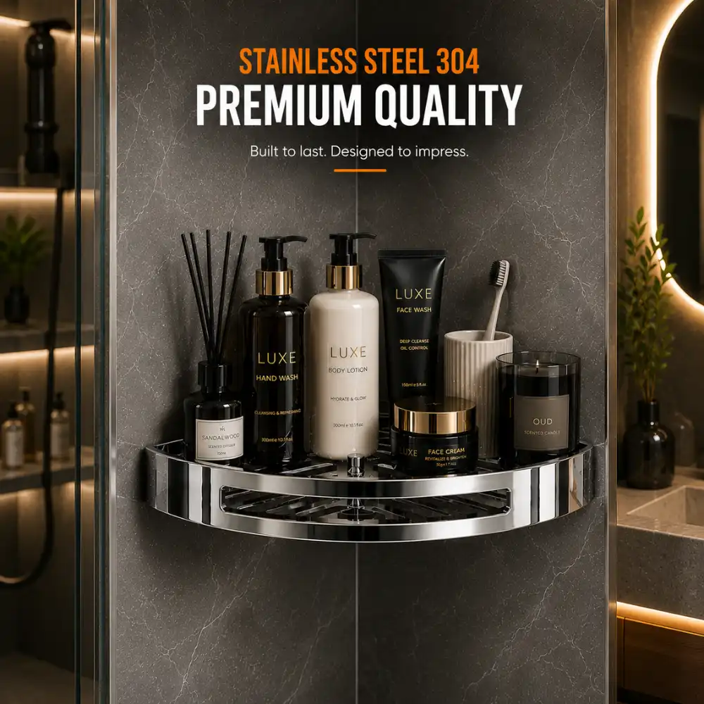 304 STAINLESS STEEL CORNER RACK, CHROME FINISH RACK, BATHROOM SHOWER CADDY - 1 PIECE 304 STAINLESS STEEL CORNER RACK, CHROME FINISH RACK, BATHROOM SHOWER CADDY - 1 PIECE - Image 1