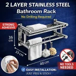 SUS 201 STAINLESS STEEL 2 LAYER RACK, BATHROOM STORAGE RACK, WALL MOUNTED BATHROOM RACK - Image 3