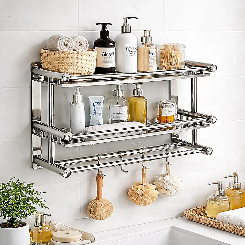 SUS 201 STAINLESS STEEL 3 LAYER RACK, BATHROOM STORAGE RACK, WALL MOUNTED BATHROOM RACK (2) SUS 201 STAINLESS STEEL 3 LAYER RACK, BATHROOM STORAGE RACK, WALL MOUNTED BATHROOM RACK - Image 1