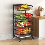 4 TIER BASKET STORAGE RACK, VEGETABLE AND FRUIT BASKET STORAGE RACK, WITH WATER DRAIN TRAY, ROTATABLE WHEELS