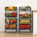 4 TIER BASKET STORAGE RACK, VEGETABLE AND FRUIT STORAGE TROLLEY RACK, WITH BOTTOM WATER DRAIN TRAY AND ROTATABLE WHEELS