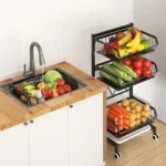 4 TIER BASKET STORAGE RACK, VEGETABLE AND FRUIT STORAGE TROLLEY RACK, WITH BOTTOM WATER DRAIN TRAY AND ROTATABLE WHEELS