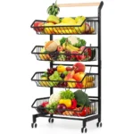 4 TIER BASKET STORAGE RACK, VEGETABLE AND FRUIT STORAGE TROLLEY RACK, WITH BOTTOM WATER DRAIN TRAY AND ROTATABLE WHEELS