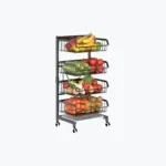 4 TIER BASKET STORAGE RACK, VEGETABLE AND FRUIT STORAGE TROLLEY RACK, WITH BOTTOM WATER DRAIN TRAY AND ROTATABLE WHEELS