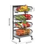 4 TIER BASKET STORAGE RACK, VEGETABLE AND FRUIT STORAGE TROLLEY RACK, WITH BOTTOM WATER DRAIN TRAY AND ROTATABLE WHEELS