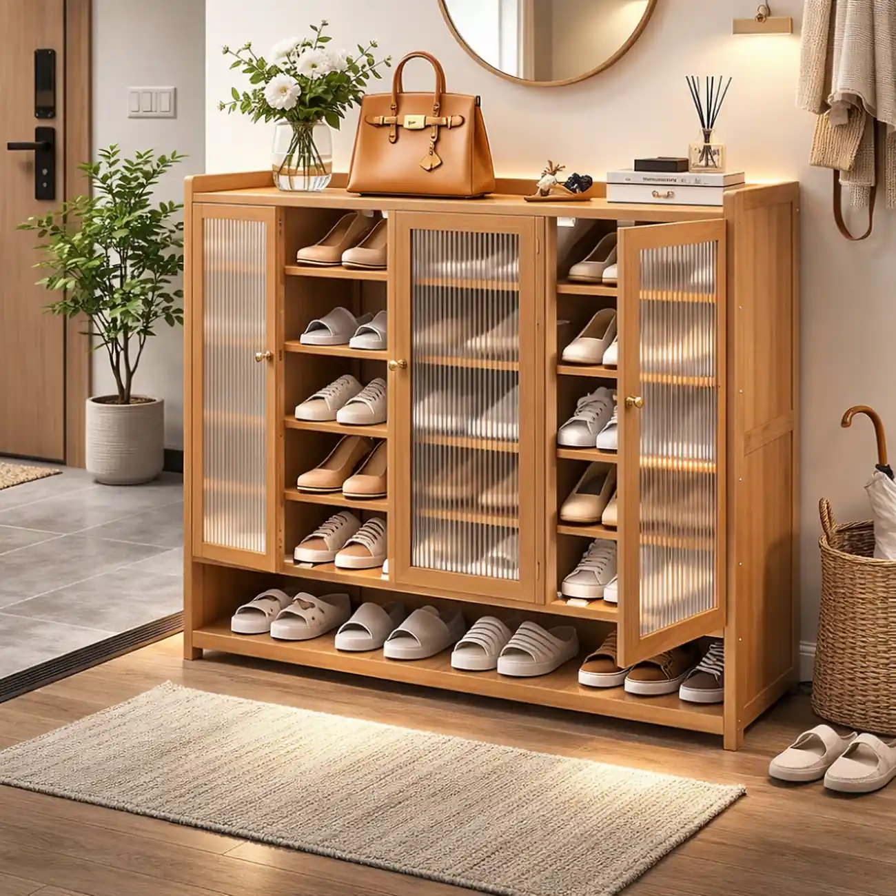 WOOD SHOE RACK WITH 7 TIER STORAGE SHELF - BAMBOO SHOE ORGANIZER WOOD SHOE RACK WITH 7 TIER STORAGE SHELF - BAMBOO SHOE ORGANIZER