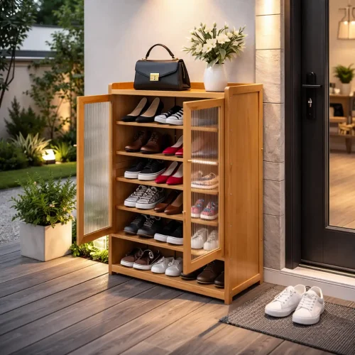 SHOE STORAGE CABINET WITH TRANSPARENT DOORS - 7 TIER BAMBOO WOOD SHOE RACK