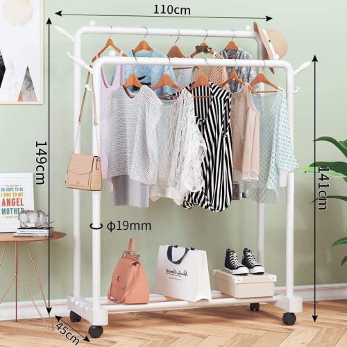 DOUBLE POLE CLOTH RACK WITH HOOKS AND BOTTOM SINGLE LAYER STORAGE CLOTH RACK, WHITE COLOUR