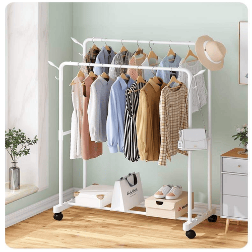 DOUBLE POLE CLOTH RACK WITH HOOKS AND BOTTOM SINGLE LAYER STORAGE CLOTH RACK, WHITE COLOUR