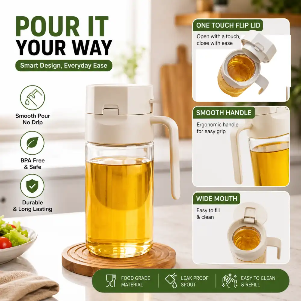 Glass Oil Dispenser Premium Glass Oil Dispenser Bottle | Leak-Proof Oil Pour Bottle for Kitchen (350ml / 580ml) - Image 1