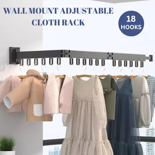 WALL MOUNT SINGLE FOLDING CLOTH DRYING RACK, WITH 18 HANGING HOOKS, HIGHLY DURABLE ALUMINIUM CLOTH RACK