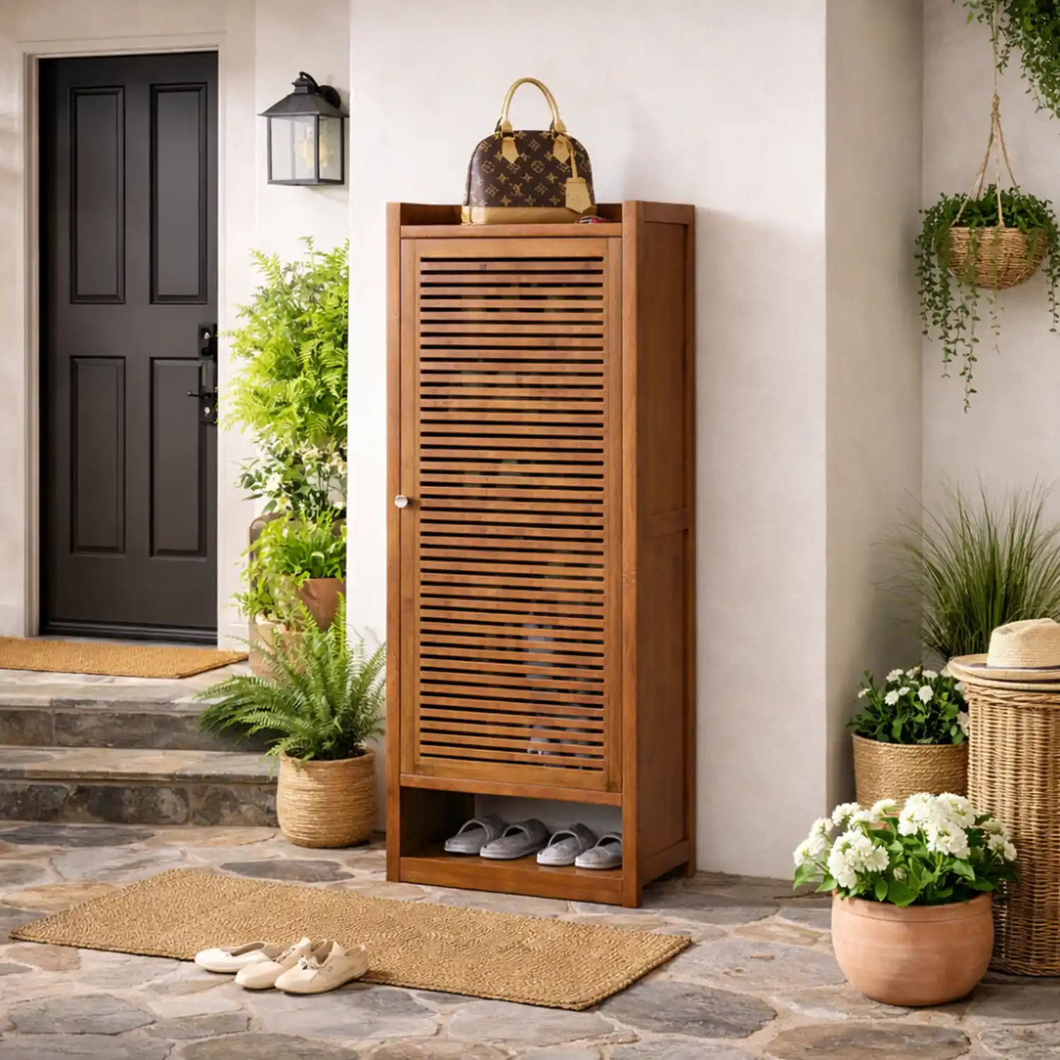 SINGLE DOOR BAMBOO WOOD SHOE RACK - 8 TIER SHOE CABINET SINGLE DOOR BAMBOO WOOD SHOE RACK - 8 TIER SHOE CABINET