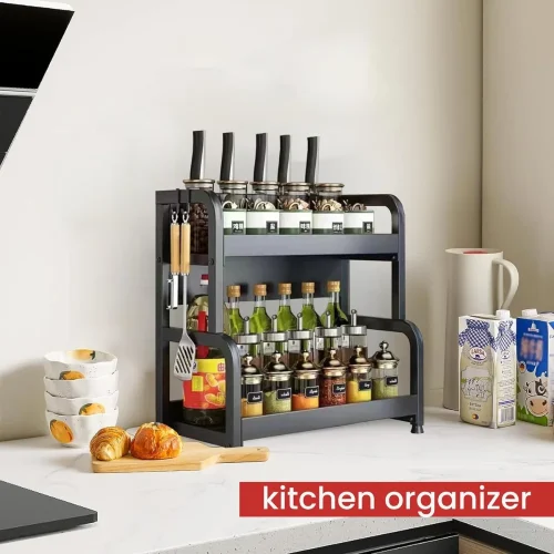 kitchen organizer rack, carbon steel kitchen rack, wall mounted kitchen rack, black kitchen organizer in Sri Lanka, kitchen rack with cutting board holder, spoon holder kitchen rack, rust resistant kitchen rack, heavy duty kitchen organizer, countertop kitchen storage, racks.lk kitchen accessories