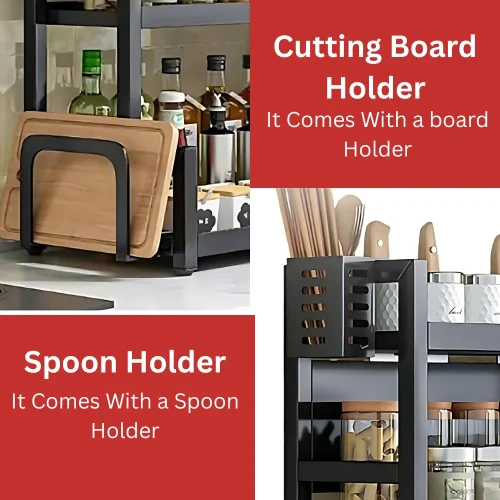 kitchen organizer rack, carbon steel kitchen rack, wall mounted kitchen rack, black kitchen organizer in Sri Lanka, kitchen rack with cutting board holder, spoon holder kitchen rack, rust resistant kitchen rack, heavy duty kitchen organizer, countertop kitchen storage, racks.lk kitchen accessories