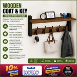 KEY HOLDER, RUSTIC WOOD COAT HANGER , TOP SHELF WITH 5 HOOKS