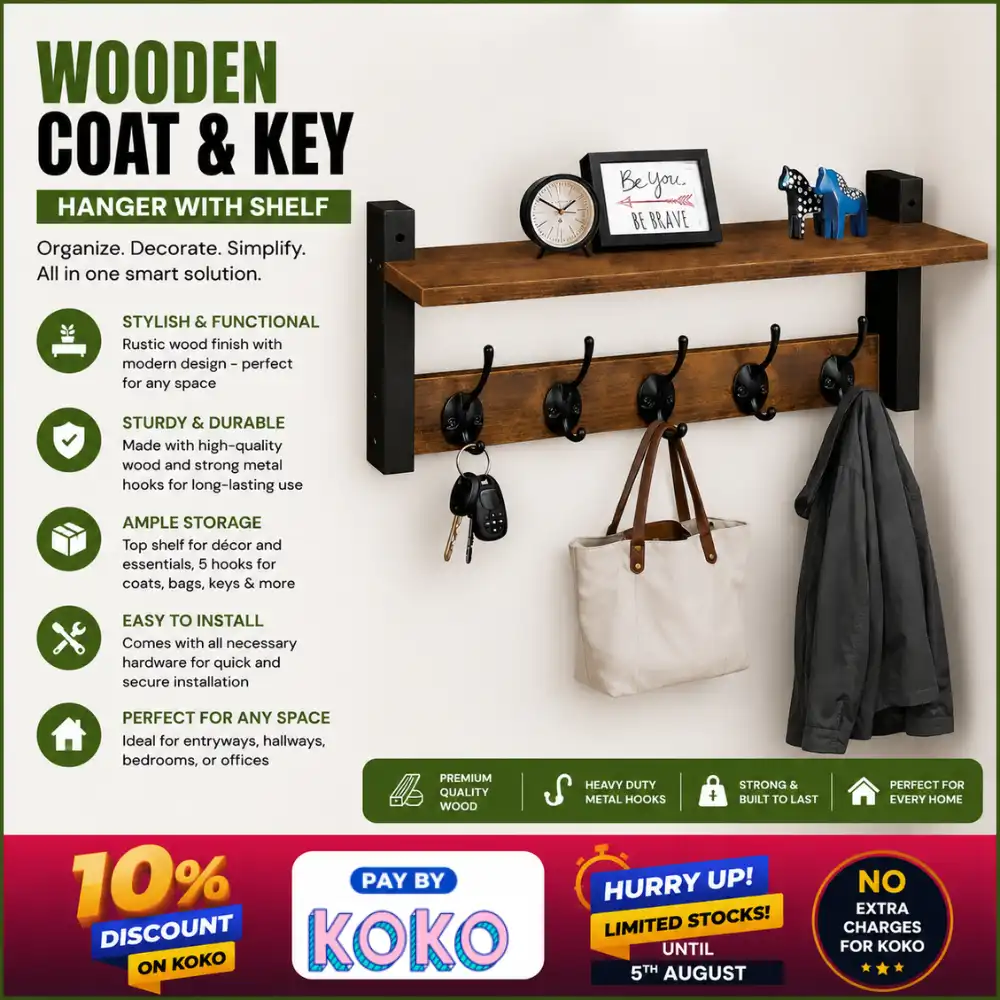 Key Holder, Rustic Wood Coat Hanger KEY HOLDER, RUSTIC WOOD COAT HANGER , TOP SHELF WITH 5 HOOKS - Image 1