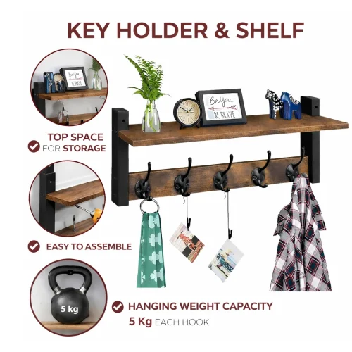 KEY HOLDER, RUSTIC WOOD COAT HANGER , TOP SHELF WITH 5 HOOKS