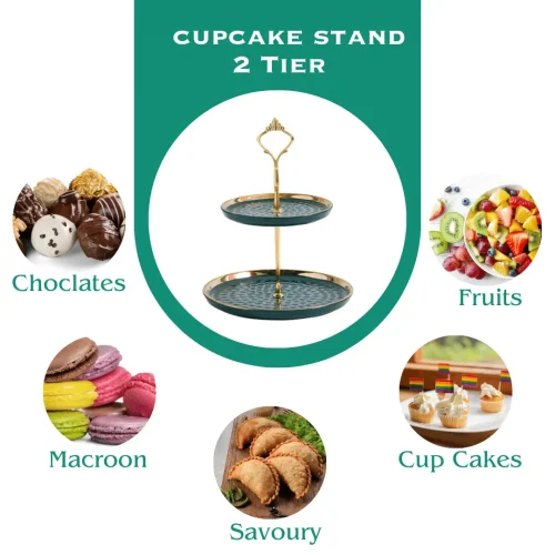 2 TIER EMERALD GREEN HIGH TEA CERAMIC STAND, DESERT STAND, CUPCAKE STAND