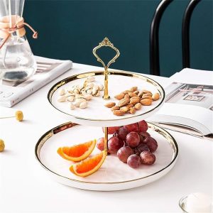 2 TIER PEARL WHITE HIGH TEA CERAMIC STAND, DESERT STAND, CUPCAKE STAND