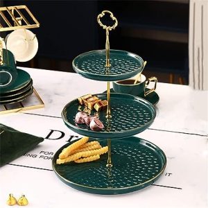 3 TIER EMERALD GREEN WHITE HIGH TEA CERAMIC STAND, DESERT STAND, CUPCAKE STAND