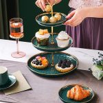 3 TIER EMERALD GREEN WHITE HIGH TEA CERAMIC STAND, DESERT STAND, CUPCAKE STAND