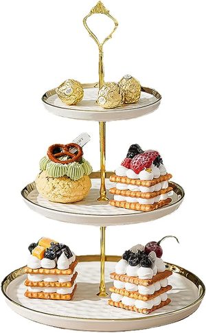 3 TIER PEARL WHITE HIGH TEA CERAMIC STAND, DESERT STAND, CUPCAKE STAND