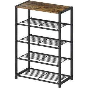 5 TIER SHOE RACK , STURDY TOP WOODEN BASE AND BLACK METAL FRAME ,GRID DESIGN BASE LAYER