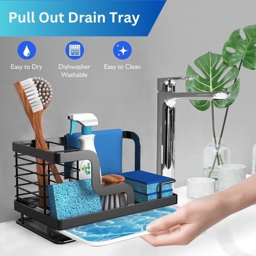 KITCHEN SINK CADDY ORGANIZER WITH WATER DRAIN TRAY, SPONGE, BRUSH RUG AND TOWEL HOLDER