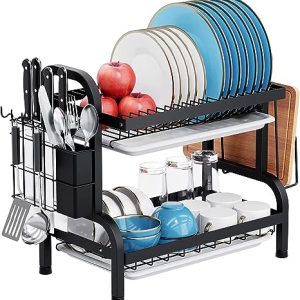 2 TIER STAINLESS STEEL DISH RACK, WITH UTENSIL HOLDER AND CUTTING BOARD HOLDER, KITCHEN COUNTERTOP
