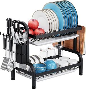 2 TIER STAINLESS STEEL DISH RACK, WITH UTENSIL HOLDER AND CUTTING BOARD HOLDER, KITCHEN COUNTERTOP
