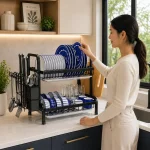 2 TIER DISH RACK, WITH UTENSIL HOLDER AND CUTTING BOARD HOLDER, KITCHEN COUNTERTOP - Image 4