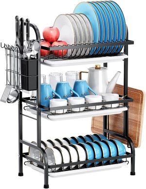 3 TIER STAINLESS STEEL DISH RACK, WITH UTENSIL HOLDER AND CUTTING BOARD HOLDER, KITCHEN COUNTERTOP