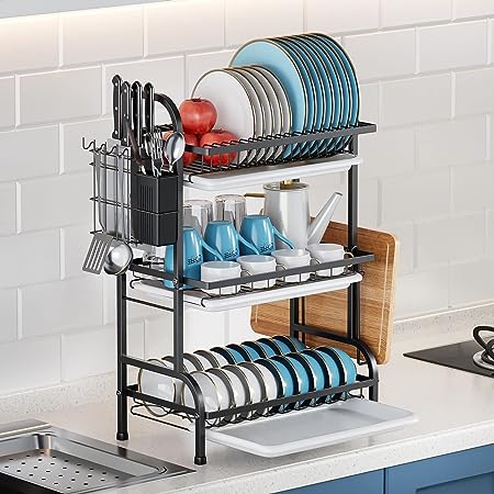 3 TIER DISH RACK, WITH UTENSIL HOLDER AND CUTTING BOARD HOLDER, KITCHEN COUNTERTOP
