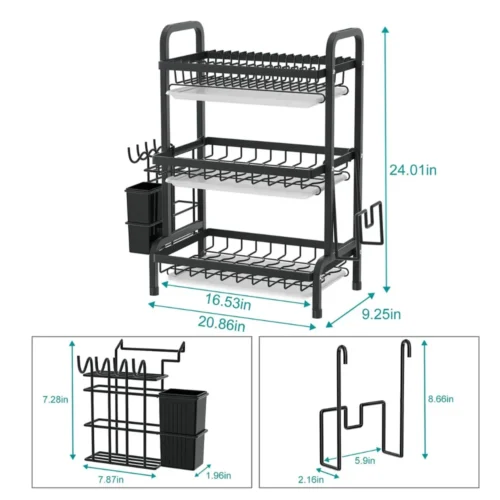 3 TIER DISH RACK, WITH UTENSIL HOLDER AND CUTTING BOARD HOLDER