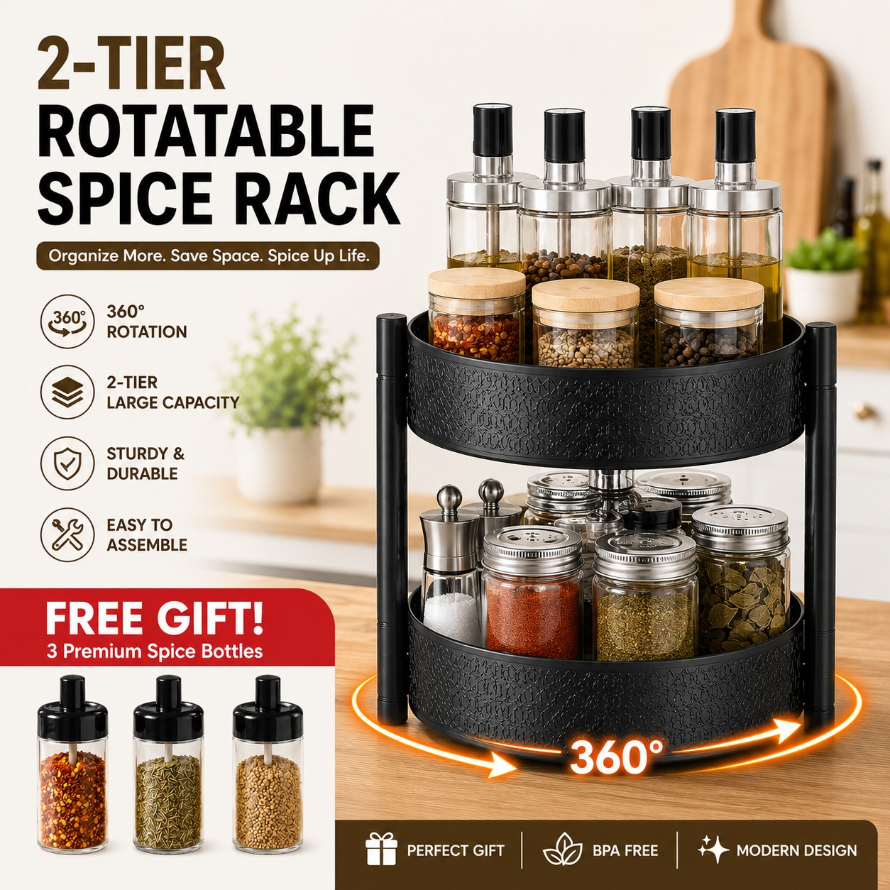 2 Tier Turntable Rotating Spice Rack, Stainless Steel Rack, For Kitchen Cupboard And Countertop 2 TIER TURNTABLE ROTATING SPICE RACK, STAINLESS STEEL RACK, FOR KITCHEN CUPBOARD AND COUNTERTOP - Image 1