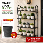 4-TIER METAL PLANT STAND – DARK GREY INDOOR & OUTDOOR PLANT SHELF – MULTI-TIER FLOWER POT HOLDER & SHOE RACK FOR BALCONY, GARDEN, LIVING ROOM