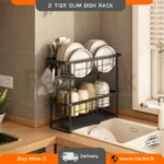 KITCHEN SLIM SHAPE 2 TIER PLATE AND BOWL RACK, KITCHEN SINK SPACE ORGANIZER, WITH WATER DRAIN BOTTOM, BLACK COLOUR