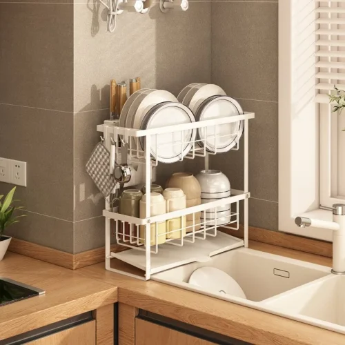 KITCHEN SLIM SHAPE 2 TIER PLATE AND BOWL RACK, KITCHEN SINK SPACE ORGANIZER, WITH WATER DRAIN BOTTOM, WHITE COLOUR