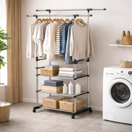 DOUBLE POLE CLOTH RACK | ADJUSTABLE CLOTHES HANGING & DRYING RACK