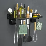 WALL MOUNT KITCHEN STORAGE RACK, KITCHEN SEASONING BOTTLE ORGANIZER AND KNIFE HOLDER, WITH TOWEL HANGER AND HOOKS