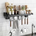 WALL MOUNT KITCHEN STORAGE RACK, KITCHEN SEASONING BOTTLE ORGANIZER AND KNIFE HOLDER, WITH TOWEL HANGER AND HOOKS