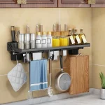 WALL MOUNT KITCHEN STORAGE RACK, KITCHEN SEASONING BOTTLE ORGANIZER AND KNIFE HOLDER, WITH TOWEL HANGER AND HOOKS