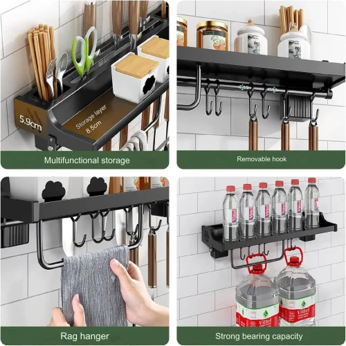 WALL MOUNT KITCHEN STORAGE RACK, KITCHEN SEASONING BOTTLE ORGANIZER AND KNIFE HOLDER, WITH TOWEL HANGER AND HOOKS