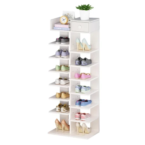 13 TIER WHITE WOOD SHOE RACK, WITH SINGLE TOP DRAWER, HOME ENTRYWAY DECOR ORGANIZER