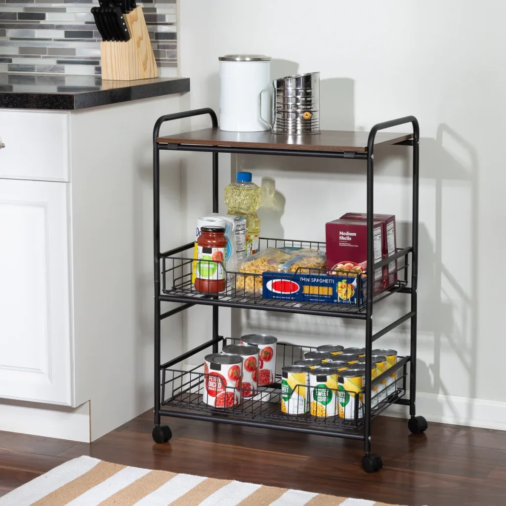 3 TIER BASKET STORAGE SHELF, MICROWAVE CART TROLLEY WITH ROTATABLE WHEELS