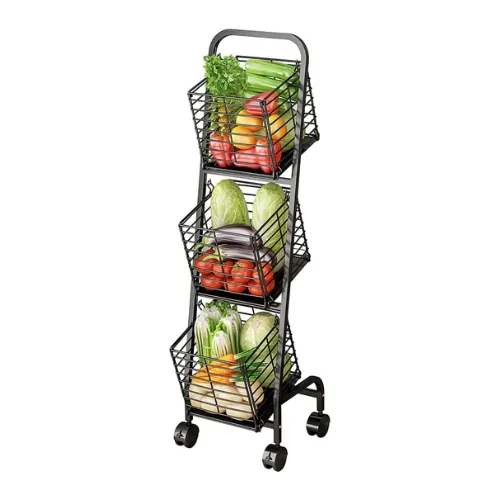 3 TIER STYLISH UTILITY CART, VEGETABLE AND FRUIT STORAGE CART, REMOVABLE TRAY AND BASKET STORAGE