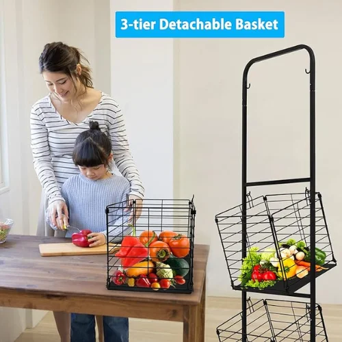 3 TIER STYLISH UTILITY CART, VEGETABLE AND FRUIT STORAGE CART, REMOVABLE TRAY AND BASKET STORAGE