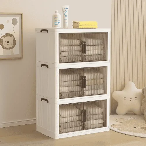 3 TIER PLASTIC STORAGE BOX, 45 CM LENGTH, WITH 2 PULL OUT DOOR AND MAGNETIC LOCK, FOLDABLE PLASTIC STORAGE, KIDS TOYS AND CLOTH STORAGE CABINETS