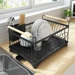 DISH DRYING RACK, WITH DISH DRAIN TRAY PIPE, KITCHEN SINK ORGANIZER, COUNTERTOP PLATE RACK, STURDY WOODEN HANDLE